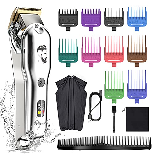 Hatteker Mens Hair Clipper Beard Trimmer Hair Trimmer for Men Cordless Clippers Professional Barbers Grooming Kit IPX7 Waterproof, Rechargeable, Colorful Combs, Silver