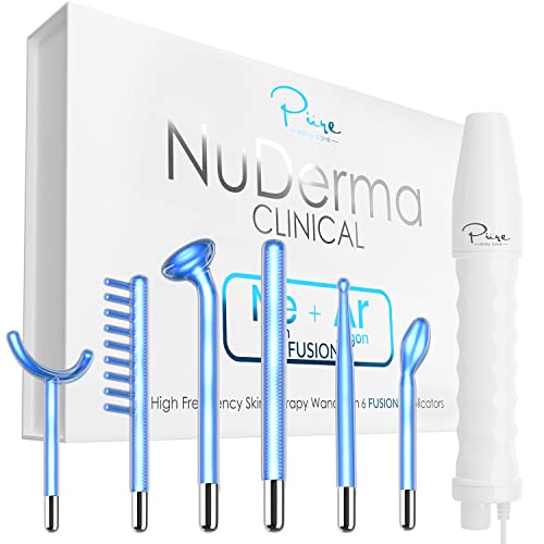 NuDerma Clinical Skin Therapy Wand - Portable High Frequency Skin Therapy Machine w 6 Fusion Neon + Argon Wands u2013 Anti Aging - Blemish & Spot Control - Skin Tightening & Radiance - Wrinkle Reducing