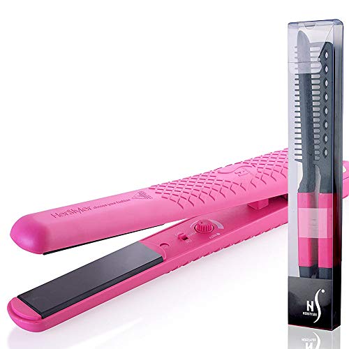 2 Pack Herstyler Colorful Seasons Ceramic Flat Iron (Pink) and V Comb (Pink)