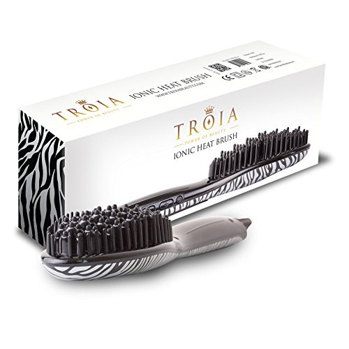 Troia- Ionic Heat Brush- metallic zebra print with heatproof travel case, hair brush straightener, ceramic heating