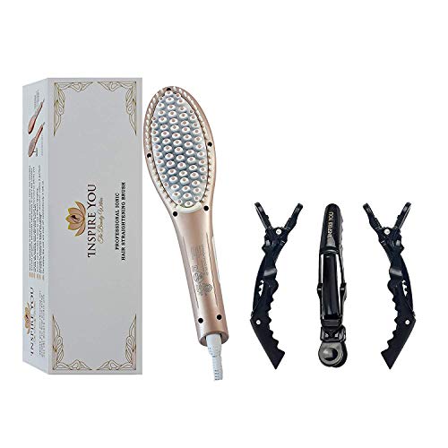 Ionic Professional Brush Straightener, Salon Quality, Hair Clips Included, Anti Scald Protection, Adjustable Temperature, Inspire You Hair Brush, Straightening Brush
