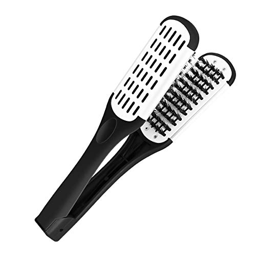 Hair Straightening Comb Styling Tools Boar Bristle Double Sided Brush Comb Clamp (Black White)