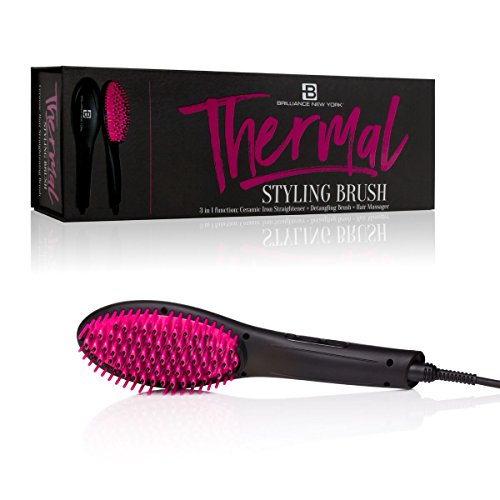 Brilliance New York - Thermal Styling Brush, 3-in-1 Straightener, Detangling Brush, and Hair Massager, Black and Pink