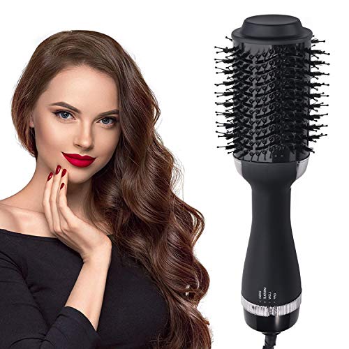 [Premium Version] Professional One Step Hair Dryer and Volumizer, Oval Blower Hair Dryer Brush Negative Ion Generator Hair Straightener Curler Comb for All Hair Types (Black Silver)