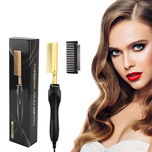 Hot Comb,Electric Heating Comb,Hot Comb Hair Straightener,Ceramic Comb Security Portable Curling Iron Heated Brush,Multifunctional Copper Hair Straightener Brush Straightening Comb(gold)