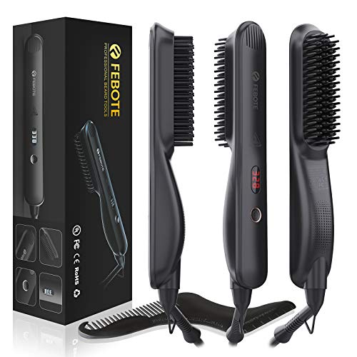 FEBOTE Deluxe Beard Straightener for Men, Ionic Heated Beard Brush With LCD, 5 Temperature Settings, Anti-scald, Hair Straightener Beard Kit for Men with Beard Shaping Tool & Travel Bag, Black