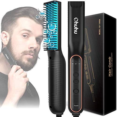 Beard Straightener, Fathers Day Gift from Daughter Son Wife, Ohuhu 2 in 1 Ionic Heated Beard Brush, Hot Beard Comb Heating Beard Straightening Comb with Anti-Scald, Hair Styler Electric Hot Comb