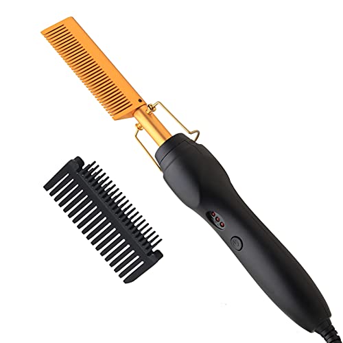 Homfu Electric Hot Comb Hair Straightener Heat Pressing Comb Ceramic Curling Flat Iron Curler Designed Hair Straightener Brush for Natural Black ,Anti-Scald Beard Straightening Electric Press Comb