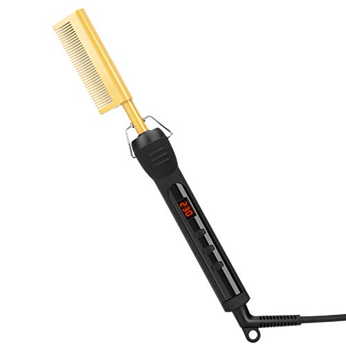 Lxmtou Electric Hot Comb Hair Straightener Pressing Straightening Comb with LCD Screen Temperature Control for Women Hair Wigs-Gold (Hot Comb)