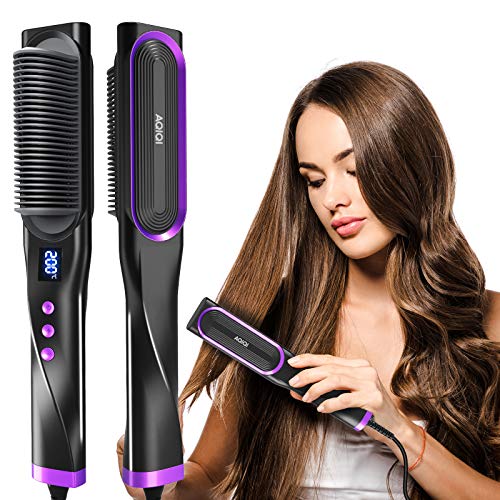 AQIQI Hair Straightener Brush,Hair Straightening Hot Comb,Auto Off & Anti-Scald,30s Fast Heating Ceramic 7 Heat Levels for Home Travel and Salon (US Plug)
