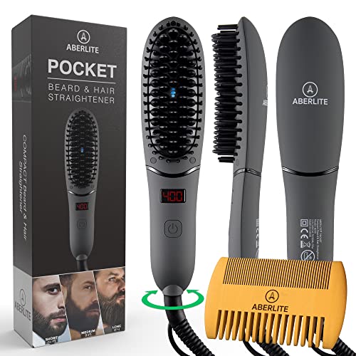 Aberlite Pocket - Compact Beard Straightener for Men - Ionic & Anti-Scald Technology - Beard Straightening Heat Brush Comb Ionic - for Home and Travel