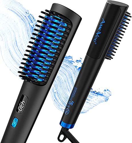 Hair Straightener Brush, AmoVee Ionic Hair Straightener Comb,15s Fast Heating up, 5 Adjustable Temp 285℉-430℉, Auto Temp Lock Straightening Brush for Home Salon, Dual Voltage, Blue