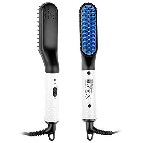 Beard/ Hair Straightener Brush 2 in 1 for Men Women with 6 Adjustable Temps/ LCD Display/ Anti Scald/ Auto-Off/ Dual Voltage, Portable Ionic Electric Straightening Comb for Long/ Short Hair (White)