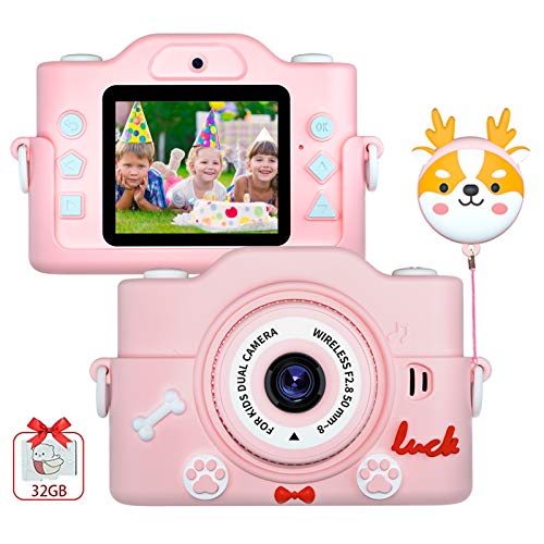 Mini Kids Camera for Girls and Boys, Digital Dual-Camera Anti-Drop Selfie Children Cartoon Camera Toys for Christmas Birthday Gift with 32GB Memory Card 2.0 Inches Screen (Pink)