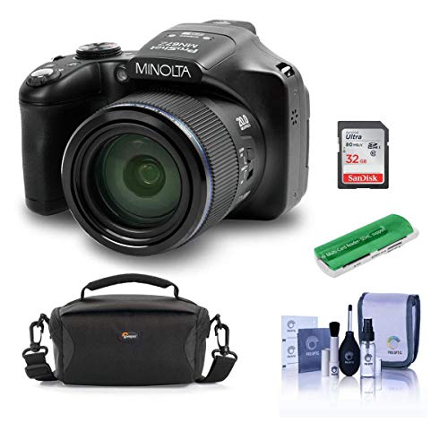 Minolta MN67Z 20MP FHD Wi-Fi Bridge Camera with 67x Optical Zoom, Black - Bundle with Camera Case, 32GB SDHC Memory Card, Cleaning Kit, Card Reader