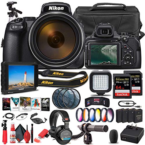 Nikon COOLPIX P1000 Digital Camera (26522) + 4K Monitor + Pro Headphones + Mic + 2 x 64GB Memory Card + Case + Corel Photo Software + Pro Tripod + 3 x EN-EL 20 Battery + Card Reader + More (Renewed)