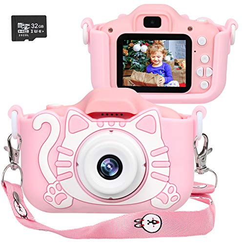 Langwolf Kids Camera for Girls, Digital Camera for Kids, Upgraded 1000mAh Battery Toys Children Selfie Photo Video Camera with 32GB SD Card, Gifts for Girls Age 3 4 5 6 7 8 9 Years Old