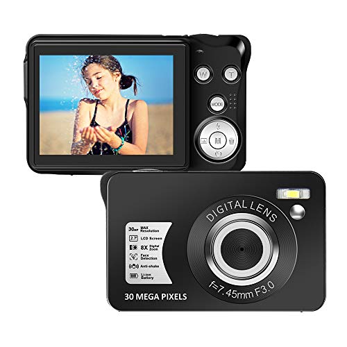 Digital Camera Compact Camera 30 MP Digital Cameras Mini Camera 2.7 inch LCD Screen Vlogging Camera with 8X Digital Zoom Camera for Adult, Kids, Beginners(with 32GB SD Card and Battery),Black