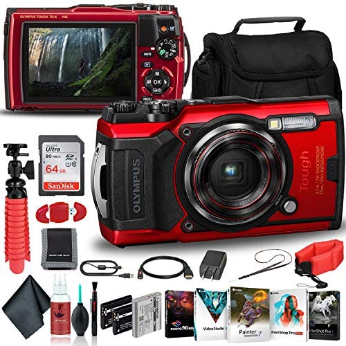 Olympus Tough TG-6 Waterproof Camera (Black) - Adventure Bundle - with 2 Extra Batteries + Float Strap + Sandisk 64GB Ultra Memory Card + Padded Case + Flex Tripod + Photo Software Suite + More