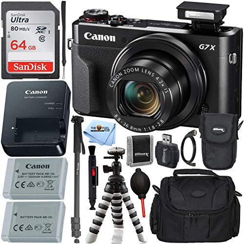 Canon PowerShot G7 X Mark II Digital Camera (Black) with Ultimate Accessory Bundle - Includes: Ultra 64GB SDXC Memory Card, Extra Battery, 72 Monopod, 8 Gripster, Carrying Case & More