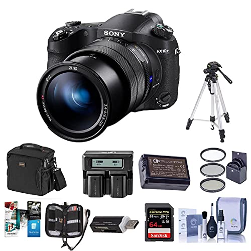 Sony Cyber-Shot DSC-RX10 IV Digital Camera Black - Bundle with Camera Case, 72mm Filter Kit, 64GB SDXC U3 Card, Spare Battery, Tripod, Memory Wallet, Card Reader, Cleaning Kit, Dual Charger, Software