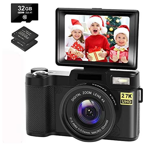 CEDITA Digital Camera Vlogging Camera with YouTube 30MP Full HD 2.7K Vlog Camera with Flip Screen 180° Rotation with 32GB Memory Card and 2 Batteries （Focus Fixed）, Black
