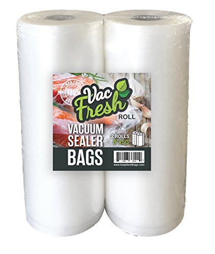 Vac Fresh Food Vacuum Sealer Rolls (8 x 50, 2 Rolls), 3.5mil Embossed Food Storage Bags, Vacuum Seal Bags for Meal Prep, Sous Vide Bags for Cooking (100 Feet)