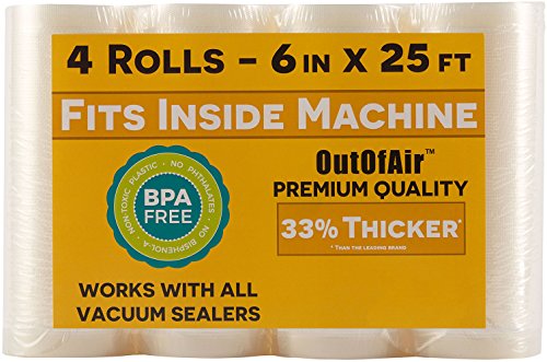 6 x 25 Rolls (Fits Inside Machine) - 4 Pack (100 feet total) OutOfAir Pint Vacuum Sealer Rolls. Works with FoodSaver Vacuum Sealers. 33% Thicker, BPA Free, Sous Vide, Commercial Grade