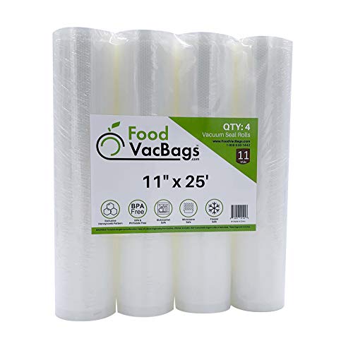 Four 11 x 25 FoodVacBags Vacuum Sealer Rolls, 100 Feet Total, Compatible with Foodsaver, Fits Inside Machine, Perfect for Sous Vide
