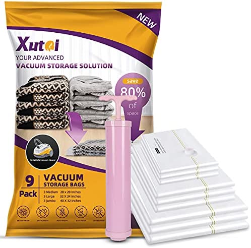XUTAI 9 Packs Space Saver Vacuum Storage Bags (3 Jumbo, 3 Large, 3 Medium) - Vacuum Seal Bags with Pump, 80% More Storage! Vacuum Storage Bags for Clothes, Comforters, Blanket, Bedding