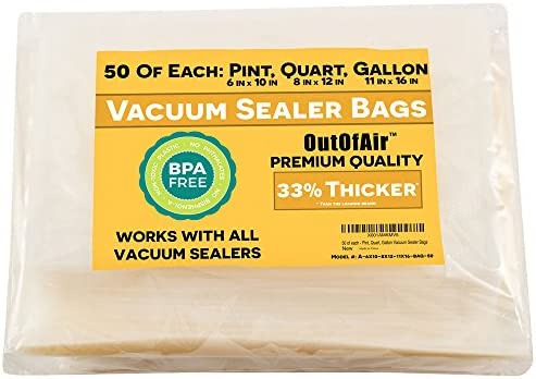 150 Vacuum Sealer Bags: 50 Pint (6 x 10), 50 Quart (8 x 12), 50 Gallon (11 x 16) by OutOfAir - Works with FoodSaver & Other Savers. 33% Thicker, BPA Free, Great for Sous Vide