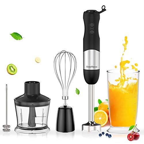 EdorReco 5-in-1 Immersion Hand Blender, 4-Point Stainless Steel Blade, 600W Motor, BPA-free & Dishwasher-safe Attachments: Milk Frother, Whisk, 20oz Measuring Cup & 17oz Chopper, Corded