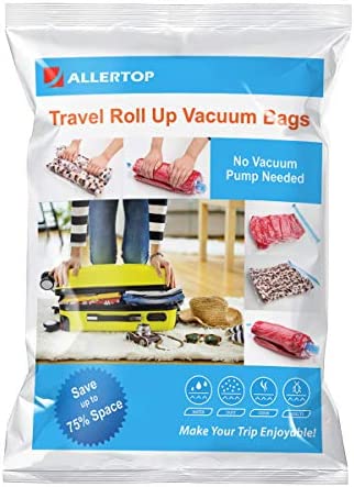 AllerTOP 10 Travel Space Saver Bags (4 X-Large, 4 Large, 2 Medium) Minimize Suitcases & Luggage Weight. Roll-Up Compression, No Need Vacuum Machine Pump. Separate Clean Clothes from Dirty Ones