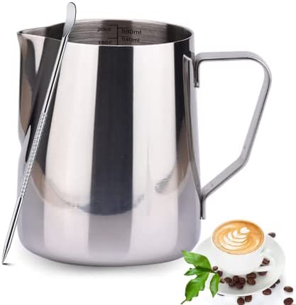 Milk Frothing Pitcher Jug & Frother Cup With Art Pen, Stainless Steel Milk Coffee Cappuccino Latte Milk Steamer Cup - Espresso Steaming Pitchers, Easy to Read Creamer Measurements Inside (12oz/350ML)