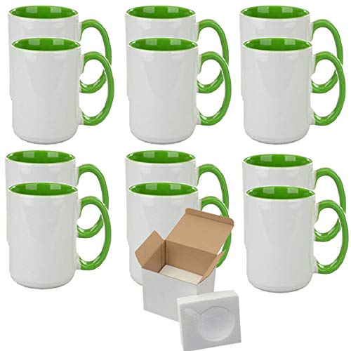 Case of 12 15 oz. El Grande LIGHT GREEN Inner and Handle- Ceramic Sublimation Mugs - Professional Grade Sublimation Mug- Sublimation Series - Cardboard Box with Foam Supports
