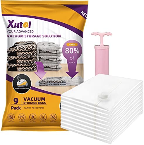 XUTAI Vacuum Storage Bags - 9 Packs Space Saver Bags Vacuum Storage Bags (3 Large, 3 Medium, 3 Small ) with Pump, 80% More Storage! Large Vacuum Sealer Bags for Clothes, Comforters, Blanket, Bedding