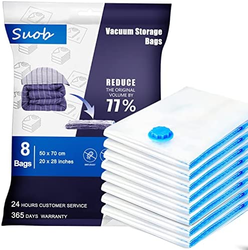 Suob 8 Pack Vacuum Storage Bags, Travel Storage Compression Bags (4 Pack 28x20, 4 Pack 24x16) 77% More Storage for Blanket, Pillows, Clothes and Bedding