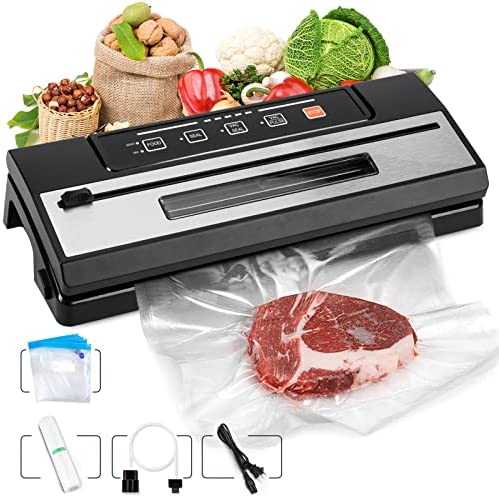 Toprime Vacuum Food Sealer Machine, -80kPa Powerful Sealing System Attached Roll Bag Cutter, Sous Vide Bag and Hose, Dry & Moist Food Modes for Seal a Meal