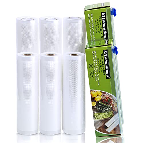 Vacuum Sealer Rolls Bag, 6 Pack 8x16.5 and 11x16.5 Food vacuum Save Bag Rolls with Cutter Box,100 feet Sous Vide Roll Bag,By KitchenBoss