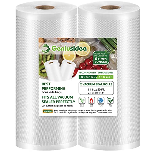 Geniusidea 11 x 50 2 Rolls Vacuum Sealer Bags for Food Saver (100ft) Seal a Meal Commercial Grade Bags BPA Free Heavy Duty Great for Vac Storage Meal Prep or Sous Vide