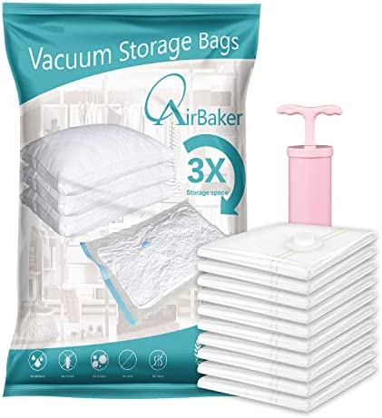 AirBaker 12 Pack Vacuum Storage Bags ( 3 Jumbo, 3 Large, 3 Medium, 3 Small ), Space Saver Sealer Bags for Clothes Comforters Blankets Pillows with Travel Hand Pump