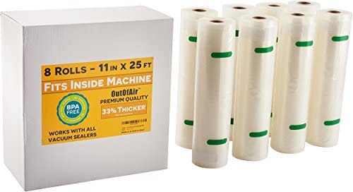 11 x 25 Rolls (Fits Inside Machine) BULK 8 Pack (200 ft total) OutOfAir Vacuum Sealer Rolls Works With FoodSaver & Other Machines, 33% Thicker BPA Free Sous Vide Commercial Grade Bags