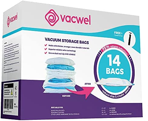 Vacwel 14-Pack, Variety - Ziplock Vacuum Storage Bags for Clothes - Space Saver Bags for Packing Clothes - Vacuum Space Bags u2013 4x Jumbo 43 x 30u201D + 4x Large 32 x 21u201D + Medium 6x 28 x 20u201D (14-Bag Pack)