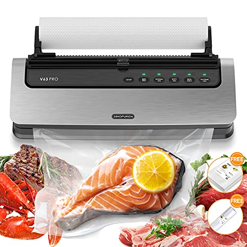 Vacuum Sealer, SINOPUREN V63PRO Automatic Vacuum Machine Air Sealing System for Food Preservation with Built-in Cutter, Starter Kit Roll and Holder