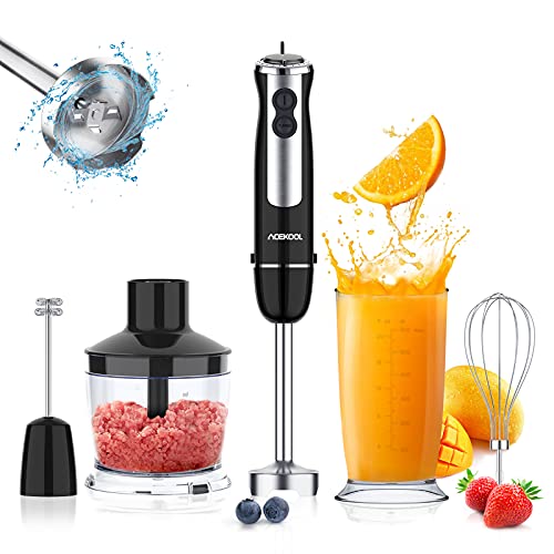 Acekool 800W Immersion Hand Blender, 12 Speed 5-in-1 Stainless Steel Stick Blender with Turbo Mode, 600ML Beaker, Milk Frother, Egg Whisk for Puree Infant Food, Smoothies, Sauces, Soups, BPA-Free