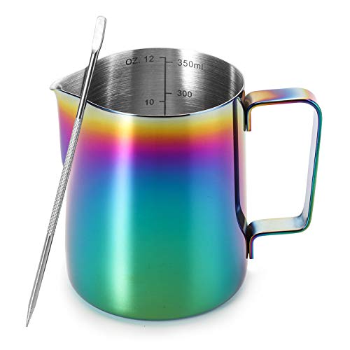 Yarlung 12 Oz Milk Frothing Pitcher with Decorating Art Pen, Colorful Stainless Steel Milk Pitcher Measuring Cup Mini Milk Jug for Milk Frothers, Coffee Machines, Latte, Cappuccino, Barista
