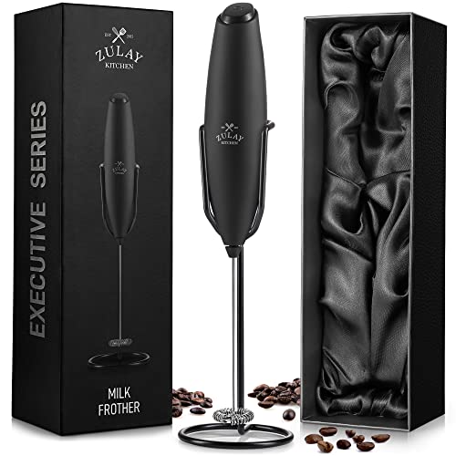Zulay Ultra Premium Gift Milk Frother For Coffee With Stand - Coffee Frother Handheld Foam Maker For Lattes - Electric Milk Frother Handheld For Cappuccino, Frappe, Matcha, Executive Series Black