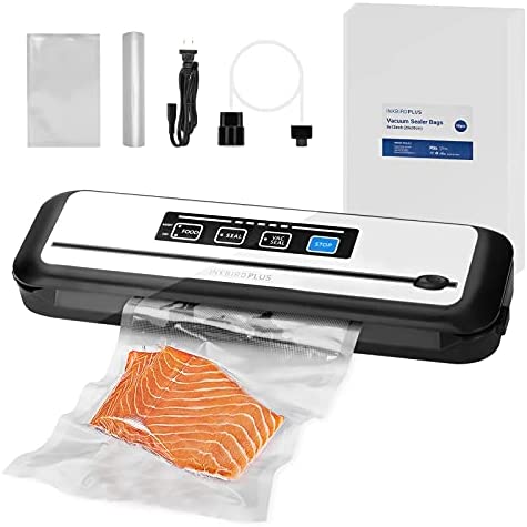 Inkbird Vacuum Sealer Machine with Starter Kit, Automatic PowerVac Air Sealing Machine for Food Preservation, Dry & Moist Sealing Modes,Built-in Cutter,Easy Cleaning Storage with Sealer Bag*5 (8*11.8)and Bag Roll*1 (8*79)