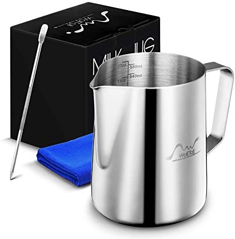 Stainless Steel Milk Frothing Pitcher, 12oz/350ml Milk Coffee Cappuccino Latte Art Frothing Pitcher Barista Milk Jug Cup, Measurements on Both Sides Inside Decorating Art Pen & Microfiber Cloth