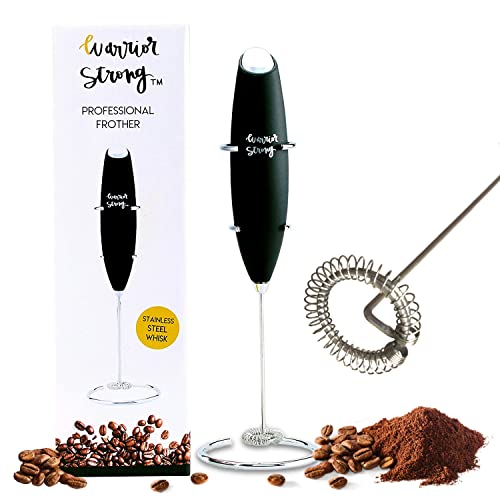 Stainless Steel Frother and Stand by Warrior Strong Wellness Handheld Battery Operated Milk Frother Whisk For Coffee Frappe Latte Matcha Durable Drink Mixer
